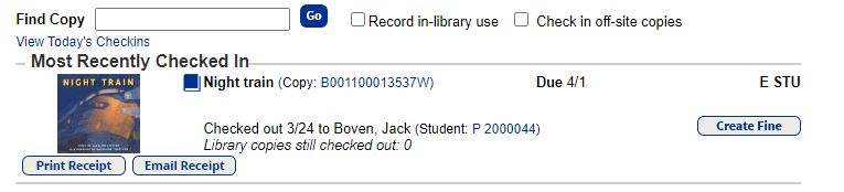 Recently checked in book on the Circulation tab, Check In option.